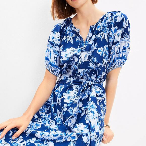 Ann Taylor Loft Women’s Small Petite Dress Midi Puff Short Sleeve Tie Waist - Picture 13 of 13